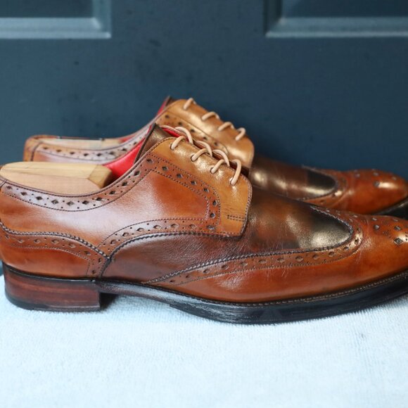 SALE - Jeffery-West 8-D US Brown Mens Wingtip Burnished Oxford Dress Shoes - Picture 6 of 15